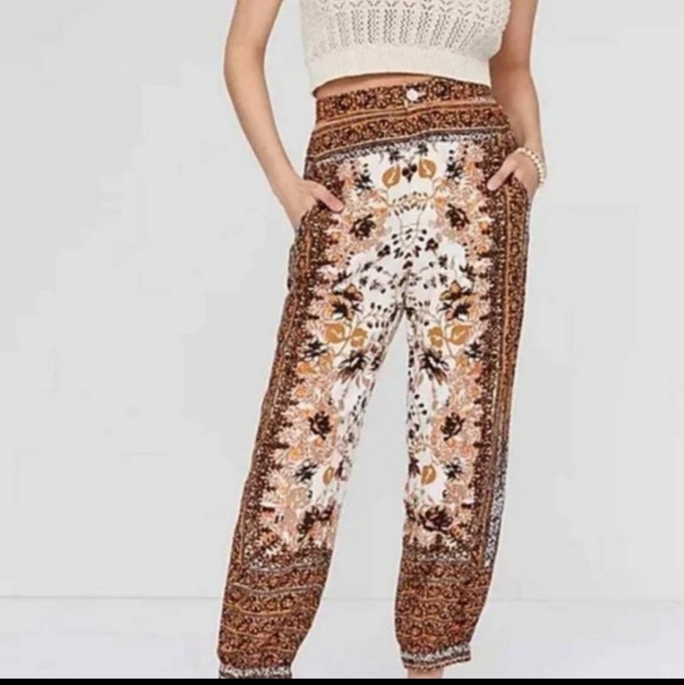 Anthropologie Cream Multi Floral Linen Harem Pants NEW